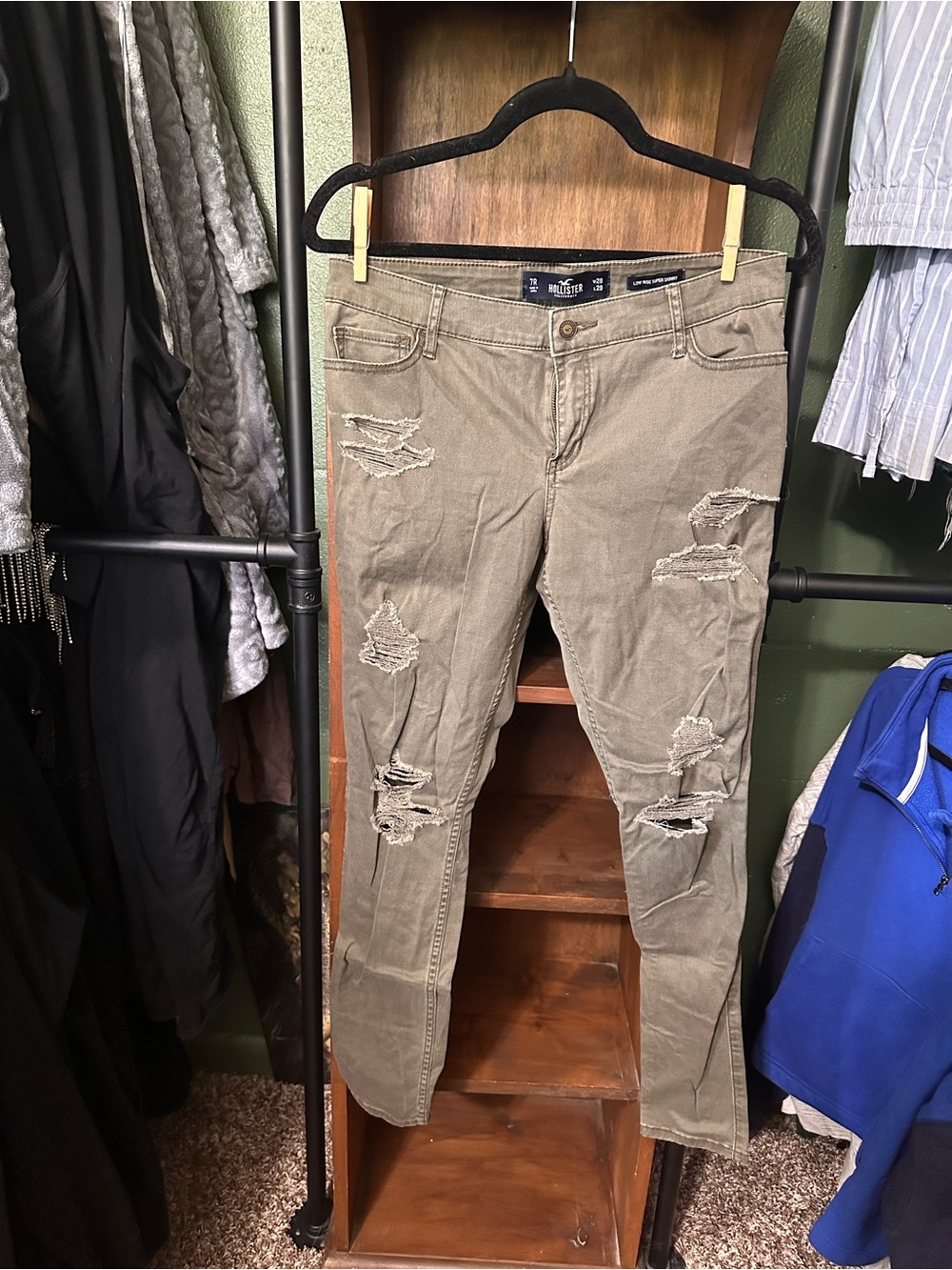Hollister Distressed Olive Green Ripped Skinny Jeans